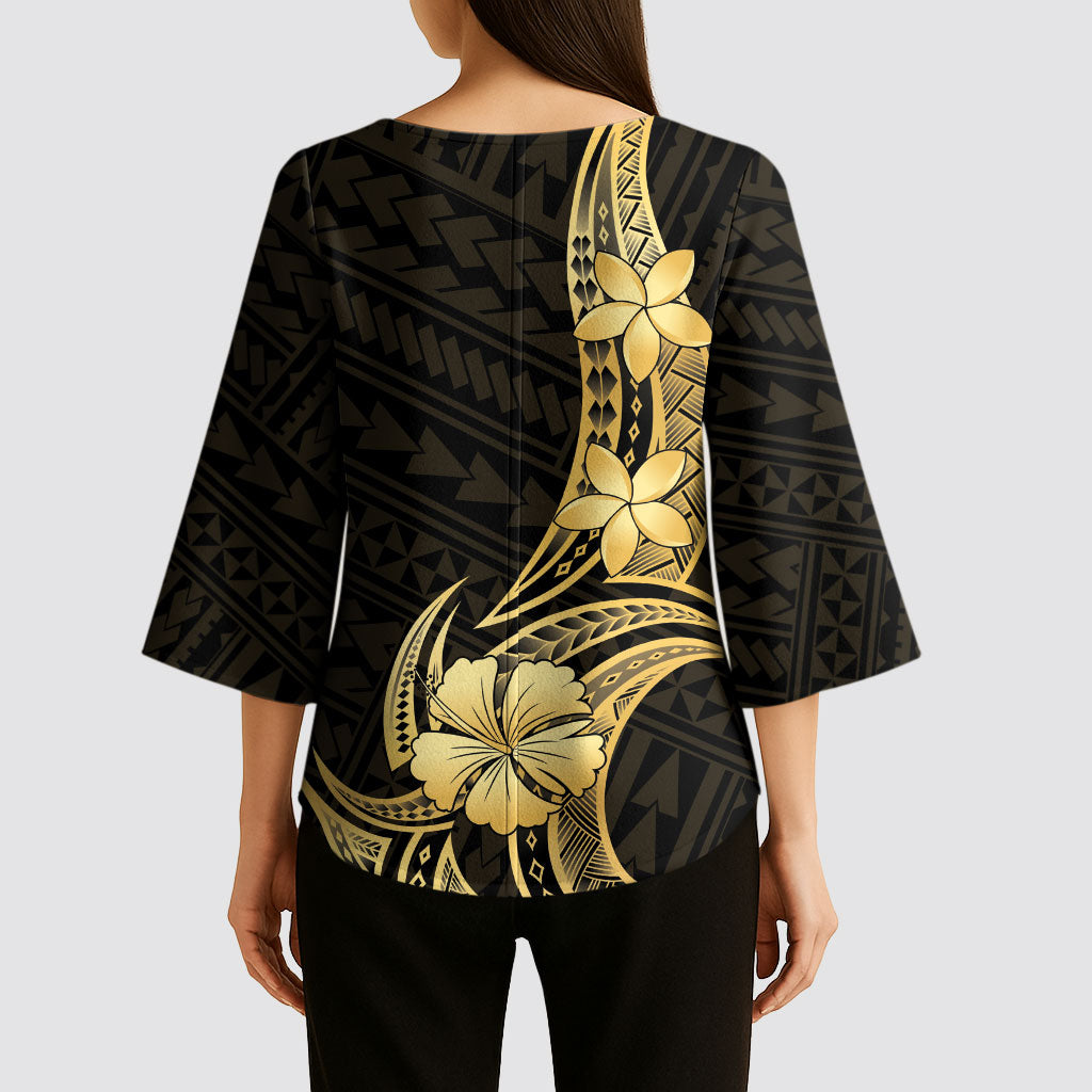 Gold Black Polynesia Hibiscus Plumeria Tattoo Kimono Sleeve Blouse