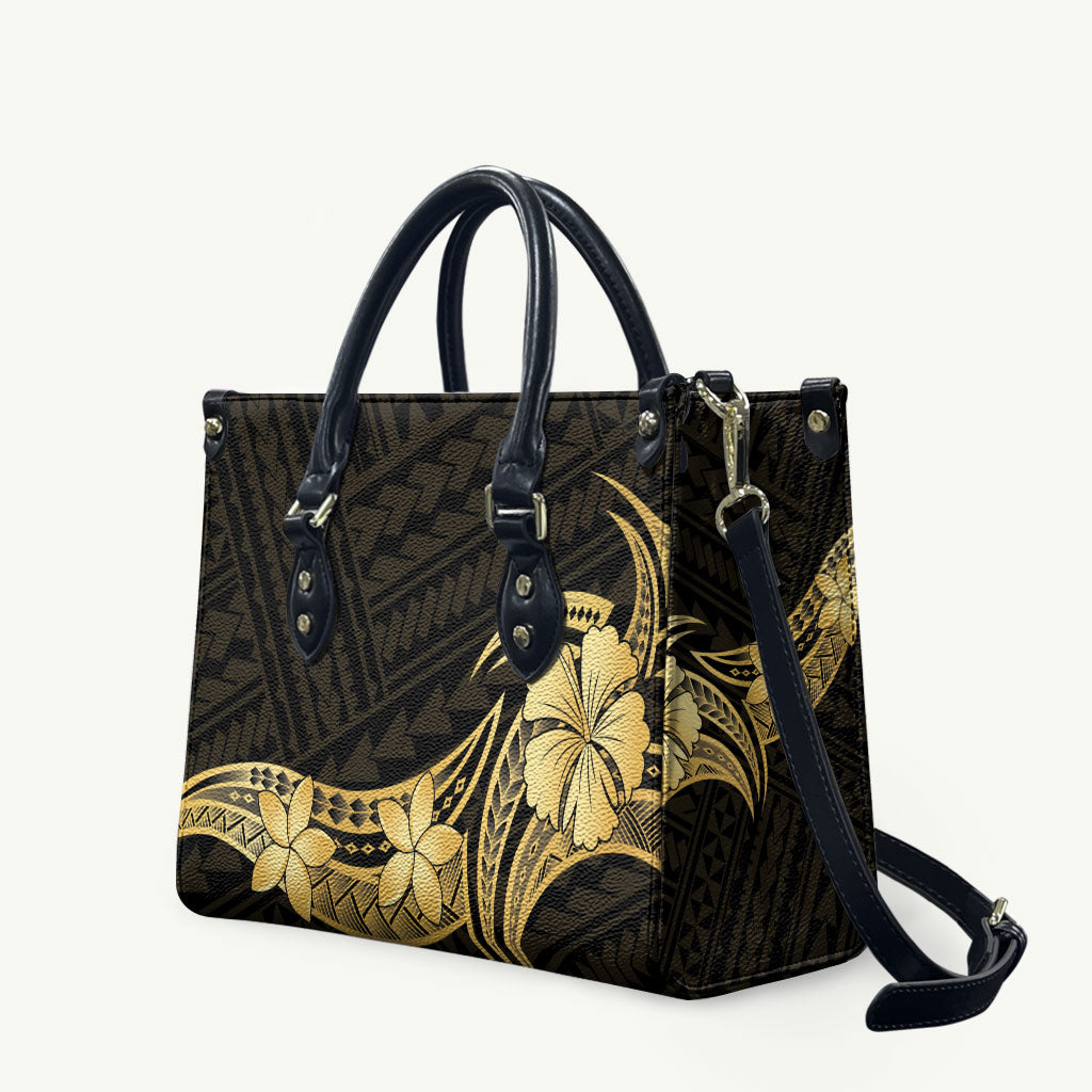Gold Black Polynesia Hibiscus Plumeria Tattoo Leather Bag LT14 Black - Polynesian Pride