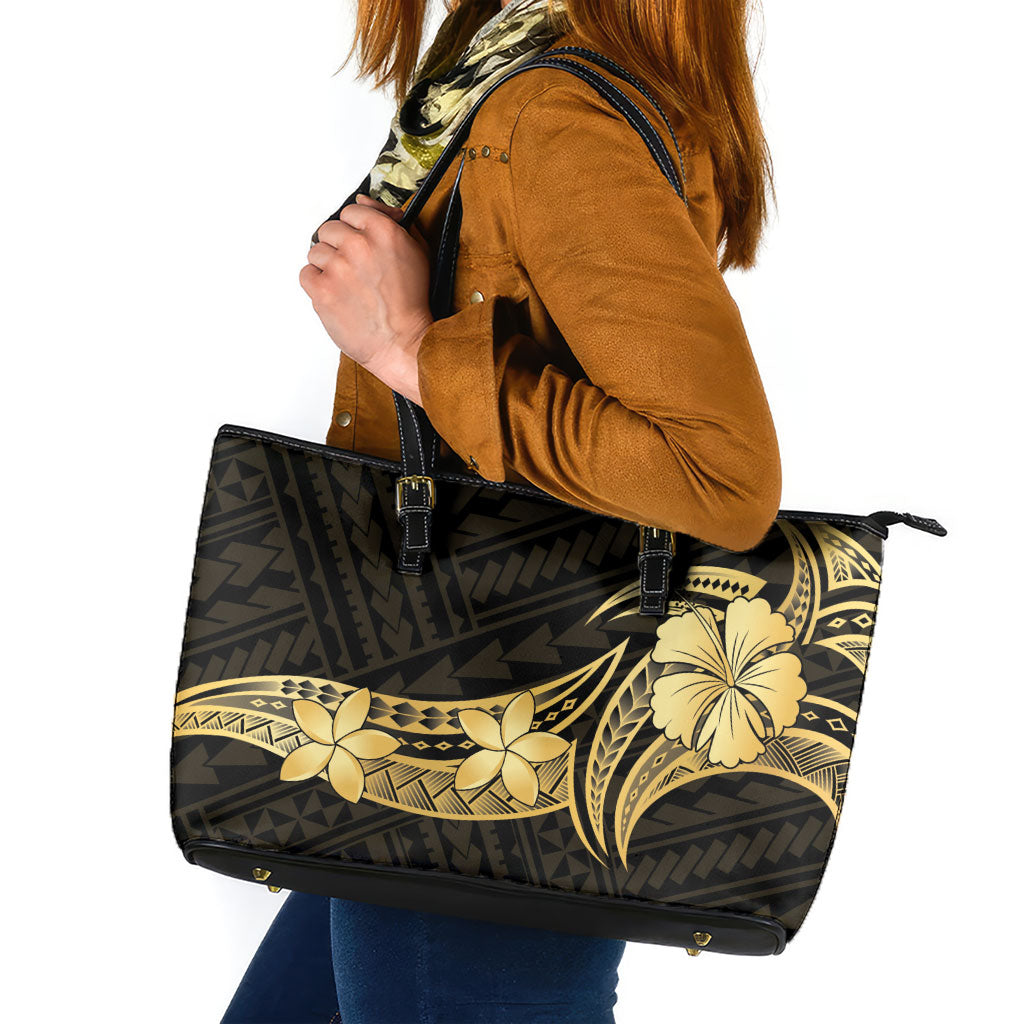 Gold Black Polynesia Hibiscus Plumeria Tattoo Leather Tote Bag LT14 Black - Polynesian Pride