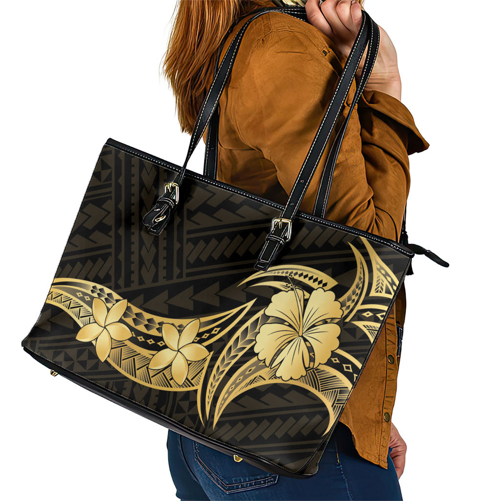 Gold Black Polynesia Hibiscus Plumeria Tattoo Leather Tote Bag
