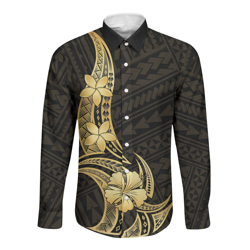 Gold Black Polynesia Hibiscus Plumeria Tattoo Long Sleeve Button Shirt