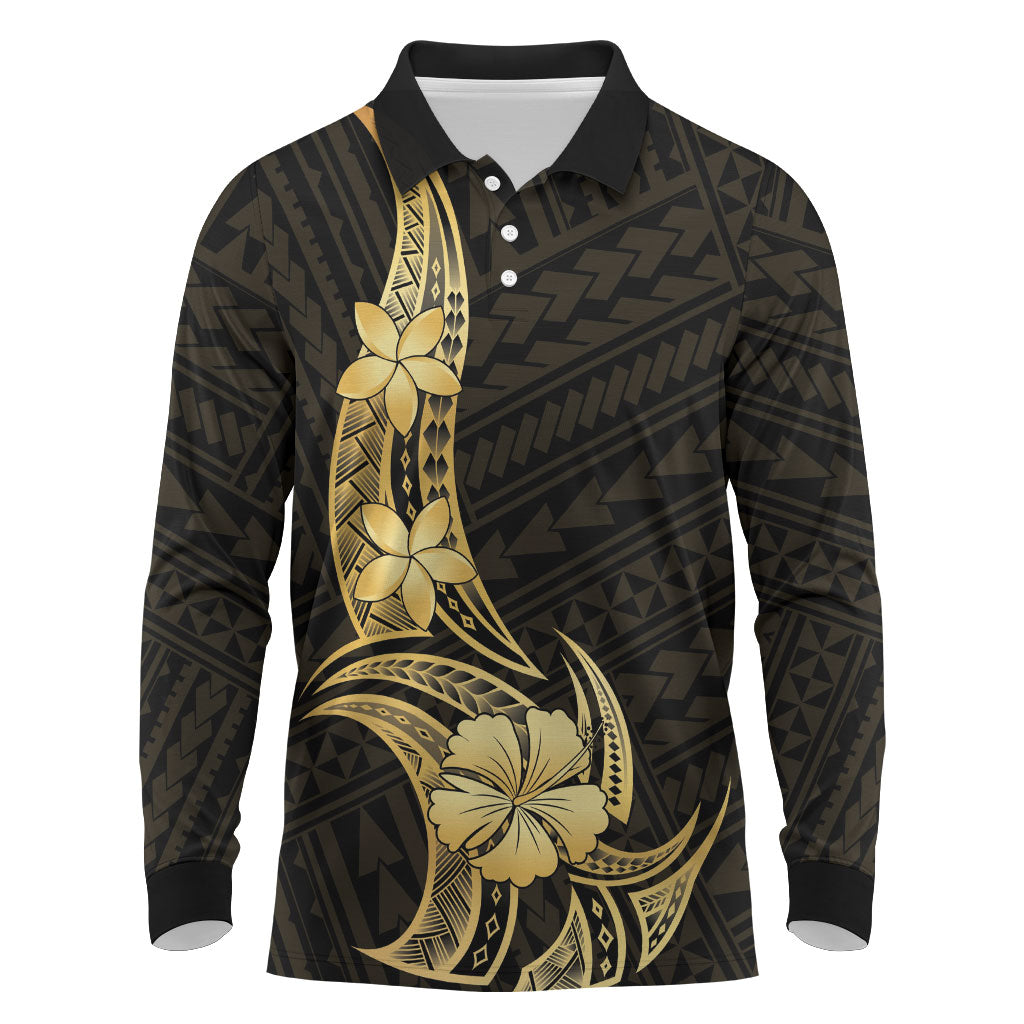 Gold Black Polynesia Hibiscus Plumeria Tattoo Long Sleeve Polo Shirt
