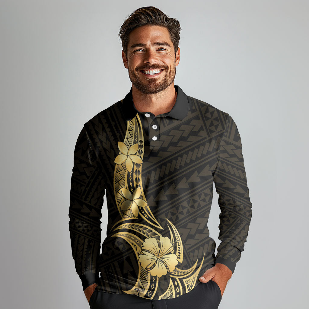 Gold Black Polynesia Hibiscus Plumeria Tattoo Long Sleeve Polo Shirt