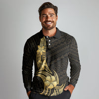 Gold Black Polynesia Hibiscus Plumeria Tattoo Long Sleeve Polo Shirt