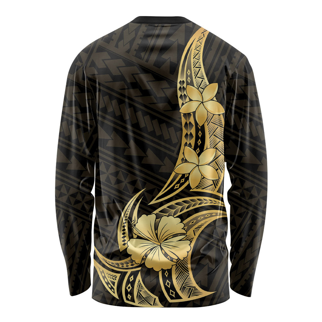 Gold Black Polynesia Hibiscus Plumeria Tattoo Long Sleeve Shirt