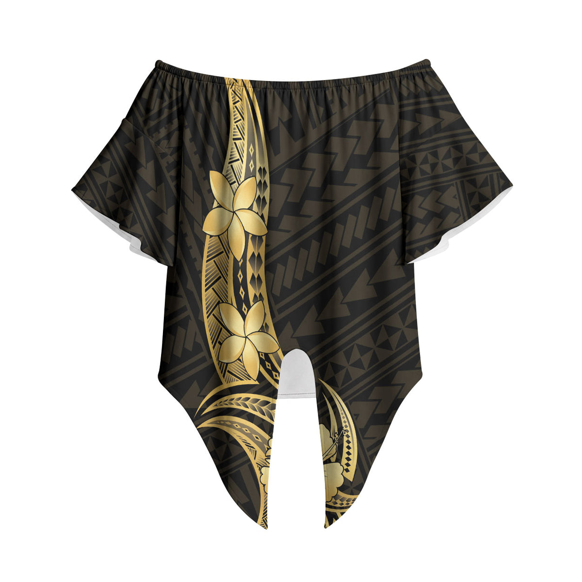 Gold Black Polynesia Hibiscus Plumeria Tattoo Off Shoulder Wrap Waist Top