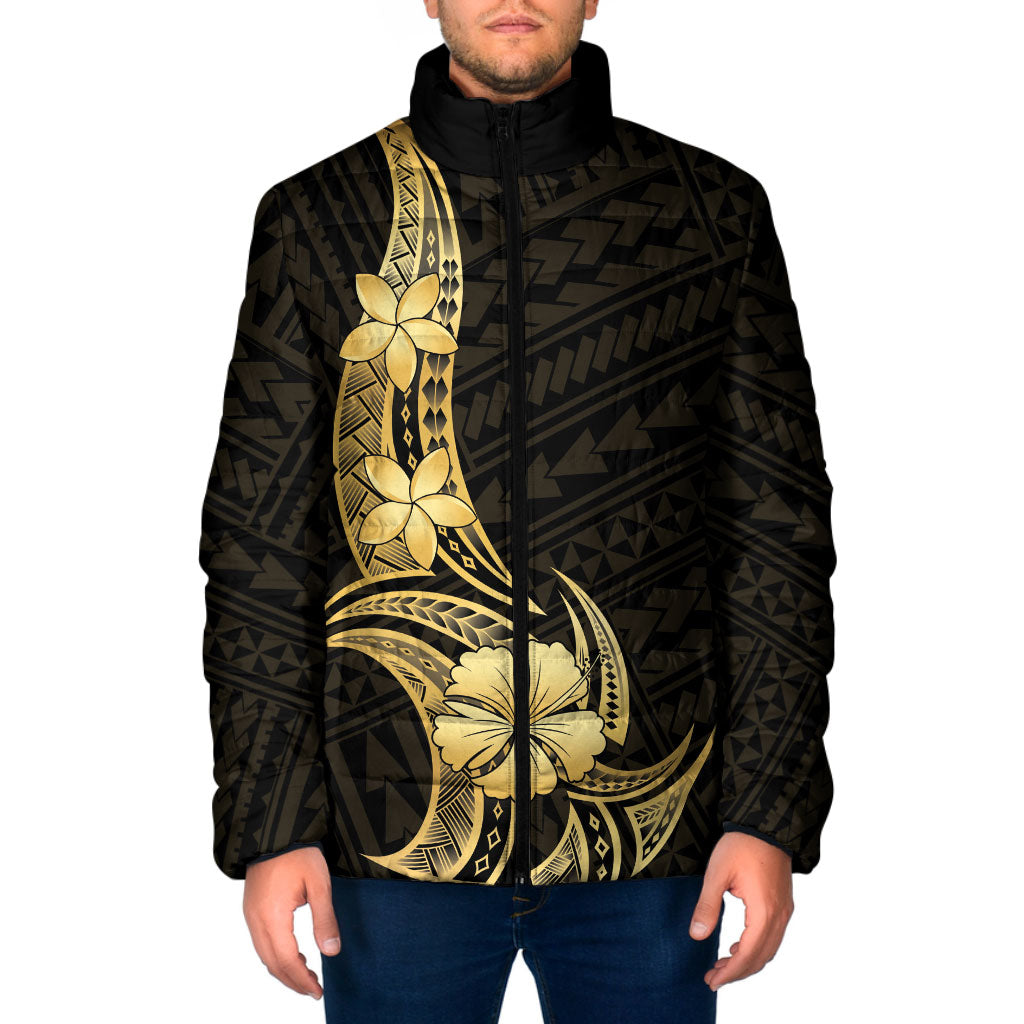 Gold Black Polynesia Hibiscus Plumeria Tattoo Padded Jacket LT14 Men Black - Polynesian Pride