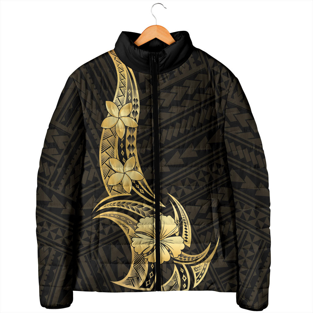 Gold Black Polynesia Hibiscus Plumeria Tattoo Padded Jacket
