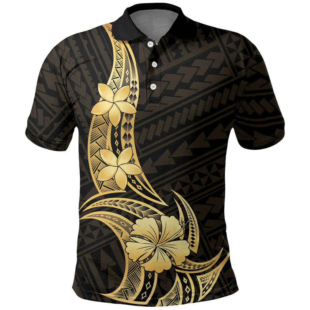 Gold Black Polynesia Hibiscus Plumeria Tattoo Polo Shirt