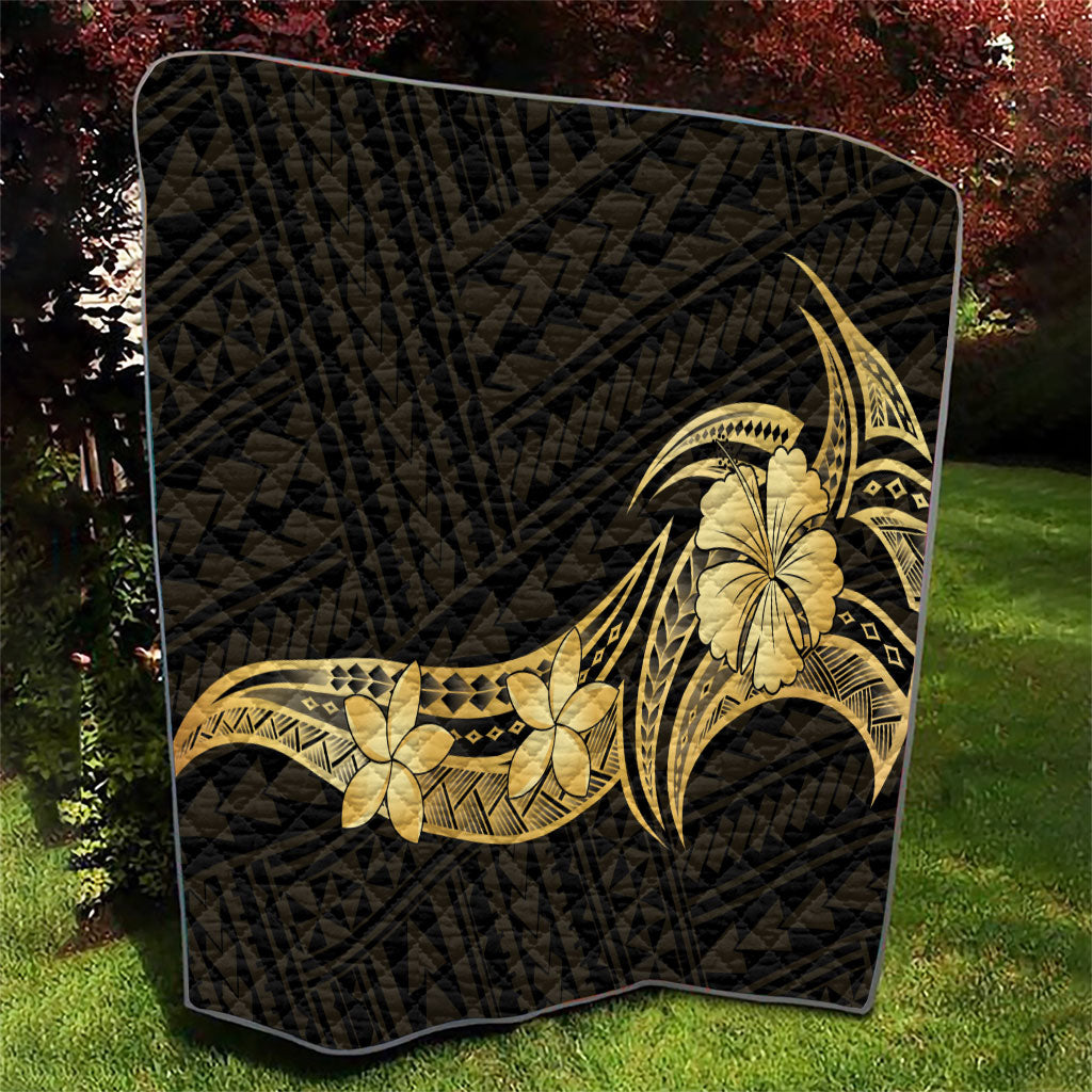 Gold Black Polynesia Hibiscus Plumeria Tattoo Quilt