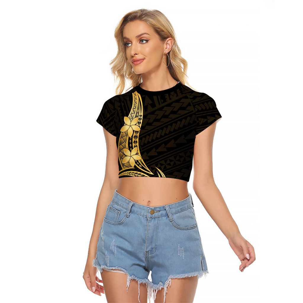 Gold Black Polynesia Hibiscus Plumeria Tattoo Raglan Cropped T Shirt