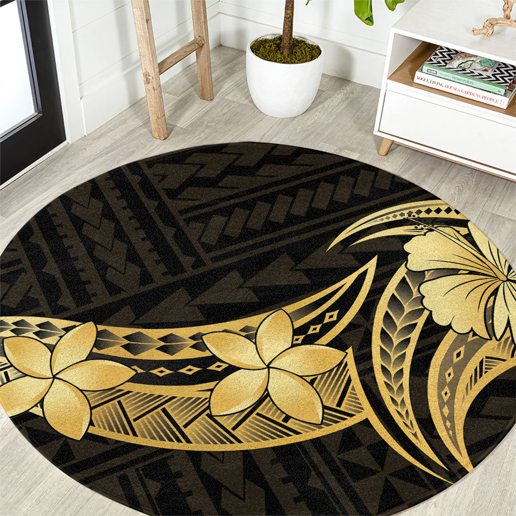 Gold Black Polynesia Hibiscus Plumeria Tattoo Round Carpet LT14 Black - Polynesian Pride