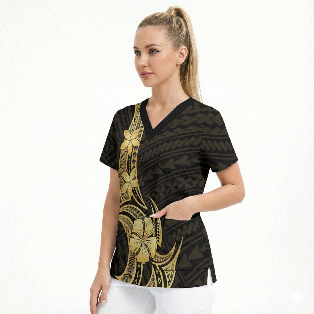 Gold Black Polynesia Hibiscus Plumeria Tattoo Scrub Top