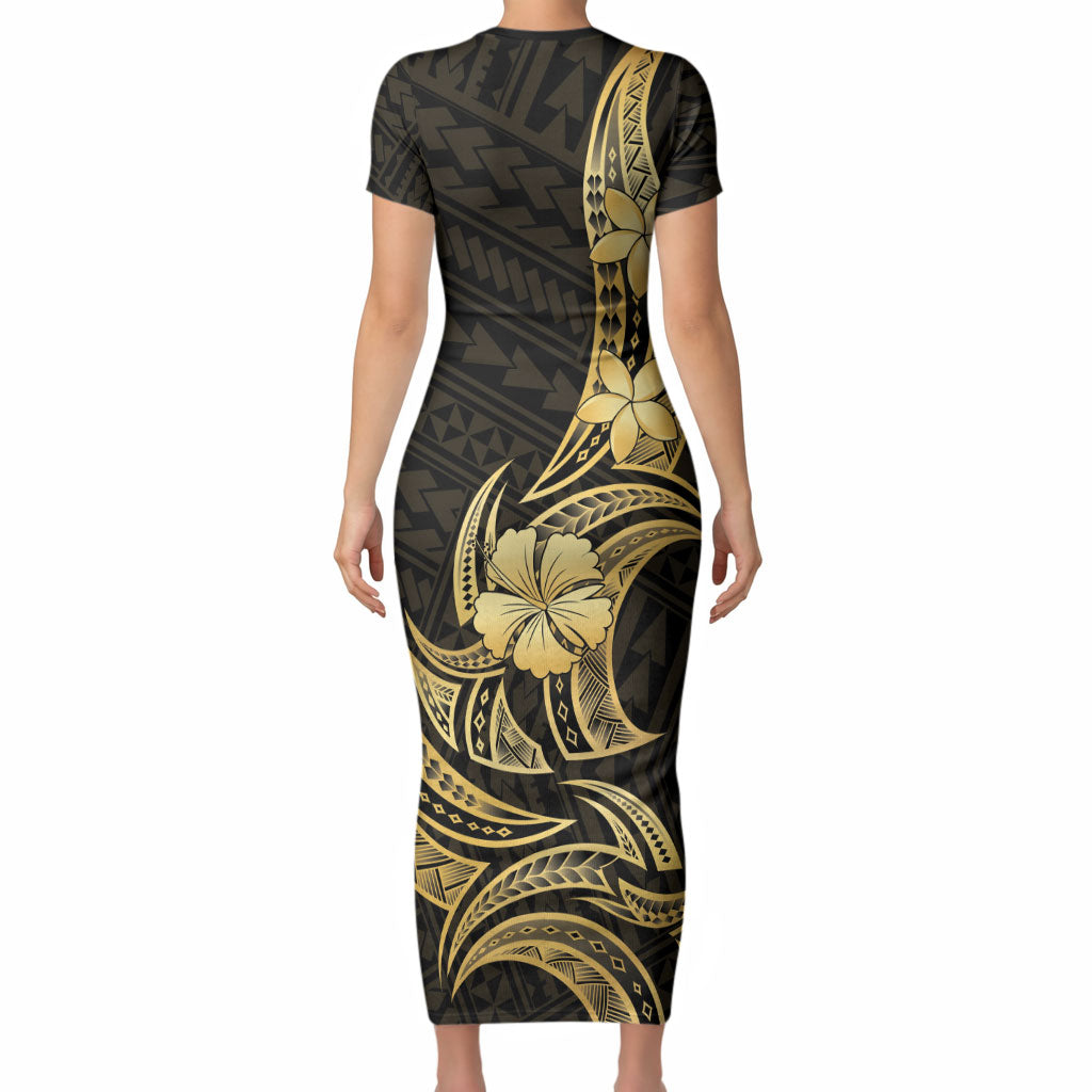 Gold Black Polynesia Hibiscus Plumeria Tattoo Short Sleeve Bodycon Dress