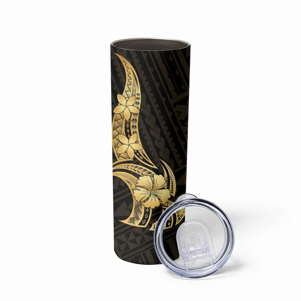 Gold Black Polynesia Hibiscus Plumeria Tattoo Skinny Tumbler