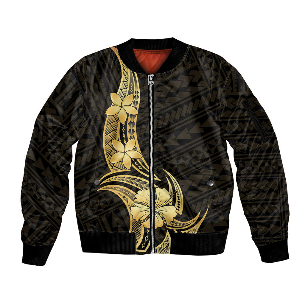 Gold Black Polynesia Hibiscus Plumeria Tattoo Sleeve Zip Bomber Jacket LT14 Unisex Black - Polynesian Pride