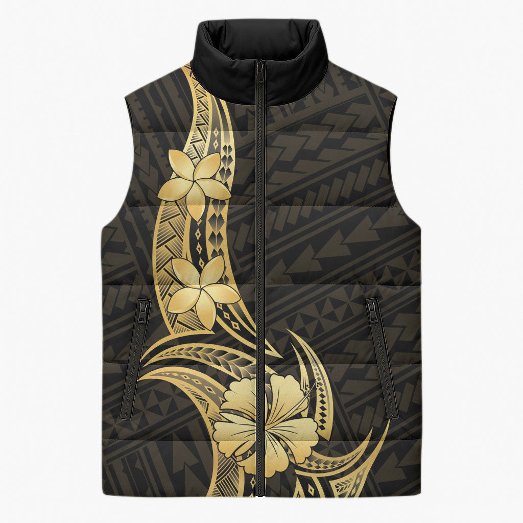 Gold Black Polynesia Hibiscus Plumeria Tattoo Sleeveless Puffer Jacket LT14 Unisex Black - Polynesian Pride