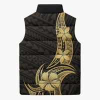 Gold Black Polynesia Hibiscus Plumeria Tattoo Sleeveless Puffer Jacket