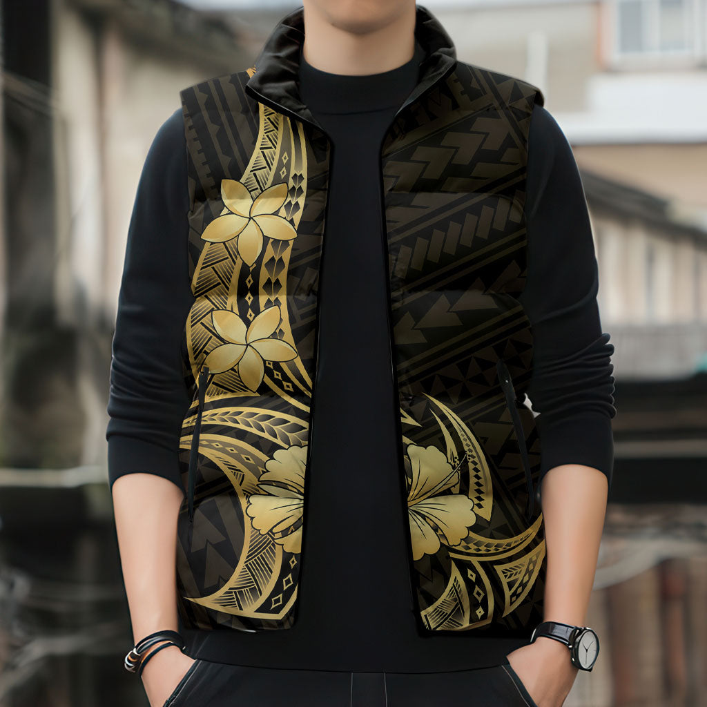 Gold Black Polynesia Hibiscus Plumeria Tattoo Sleeveless Puffer Jacket