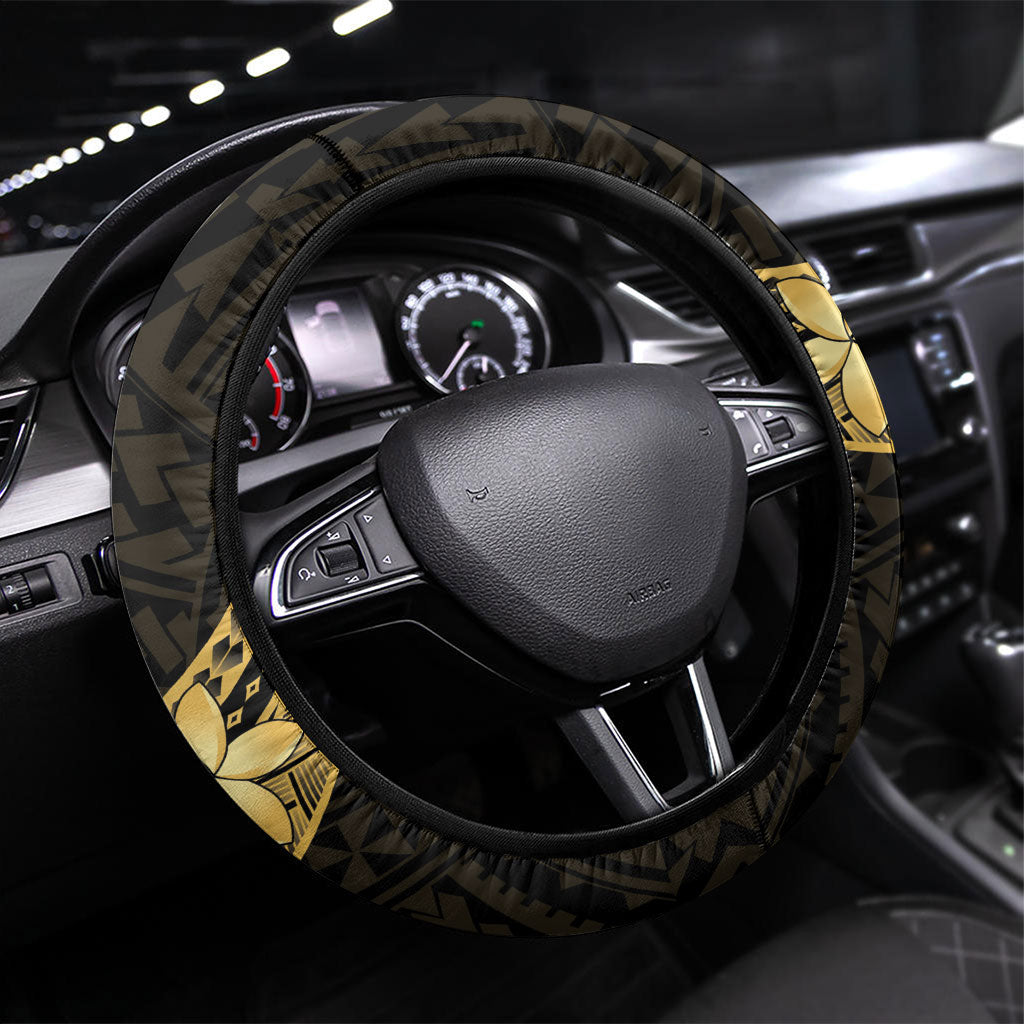 Gold Black Polynesia Hibiscus Plumeria Tattoo Steering Wheel Cover LT14 Universal Fit Black - Polynesian Pride