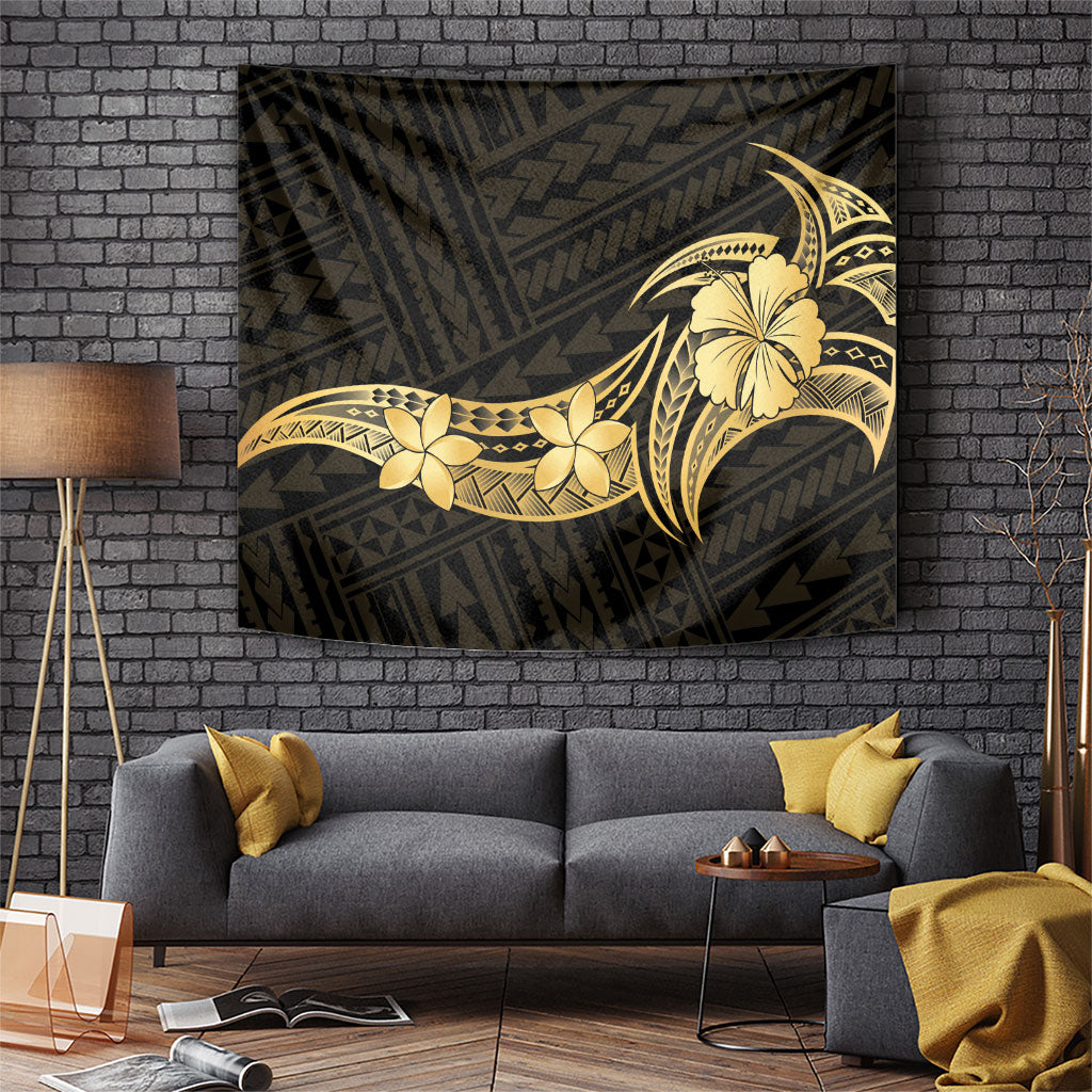 Gold Black Polynesia Hibiscus Plumeria Tattoo Tapestry