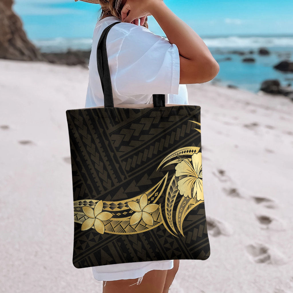 Gold Black Polynesia Hibiscus Plumeria Tattoo Tote Bag