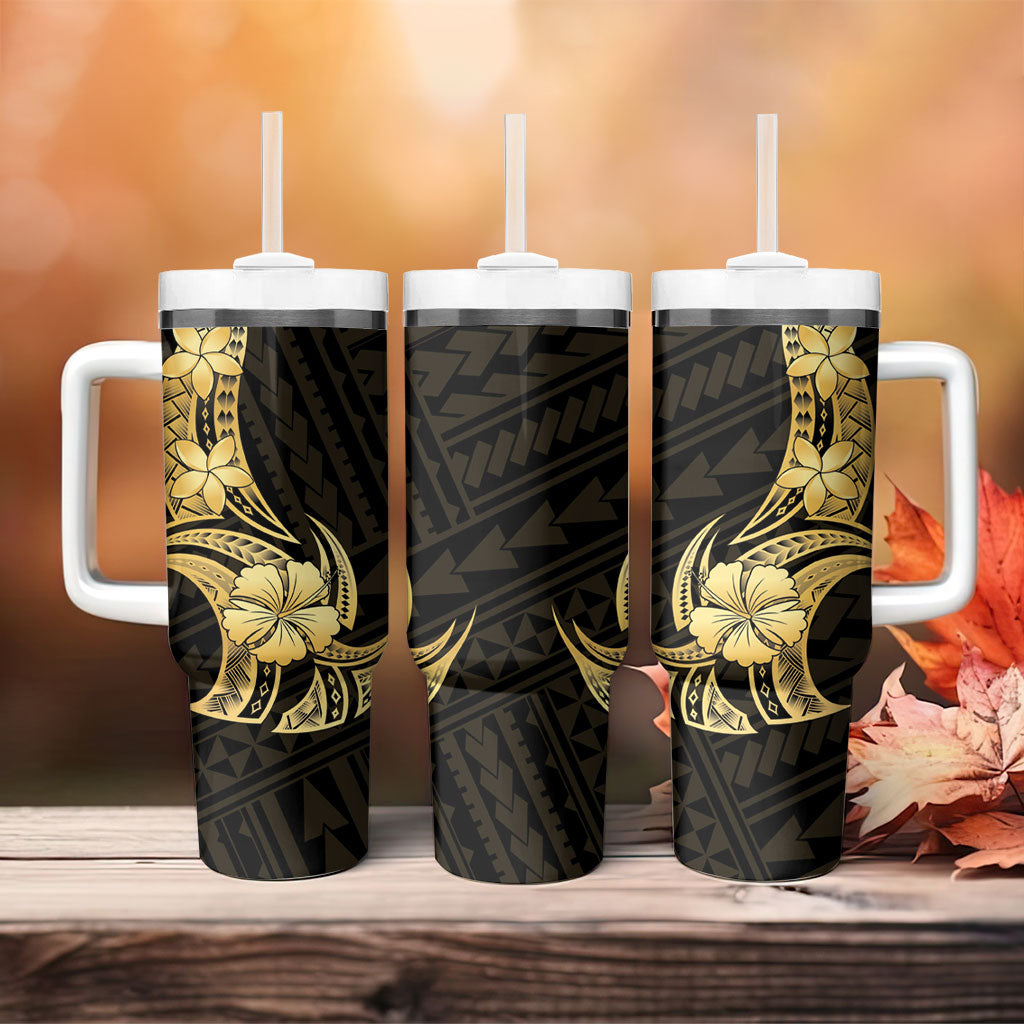 Gold Black Polynesia Hibiscus Plumeria Tattoo Tumbler With Handle
