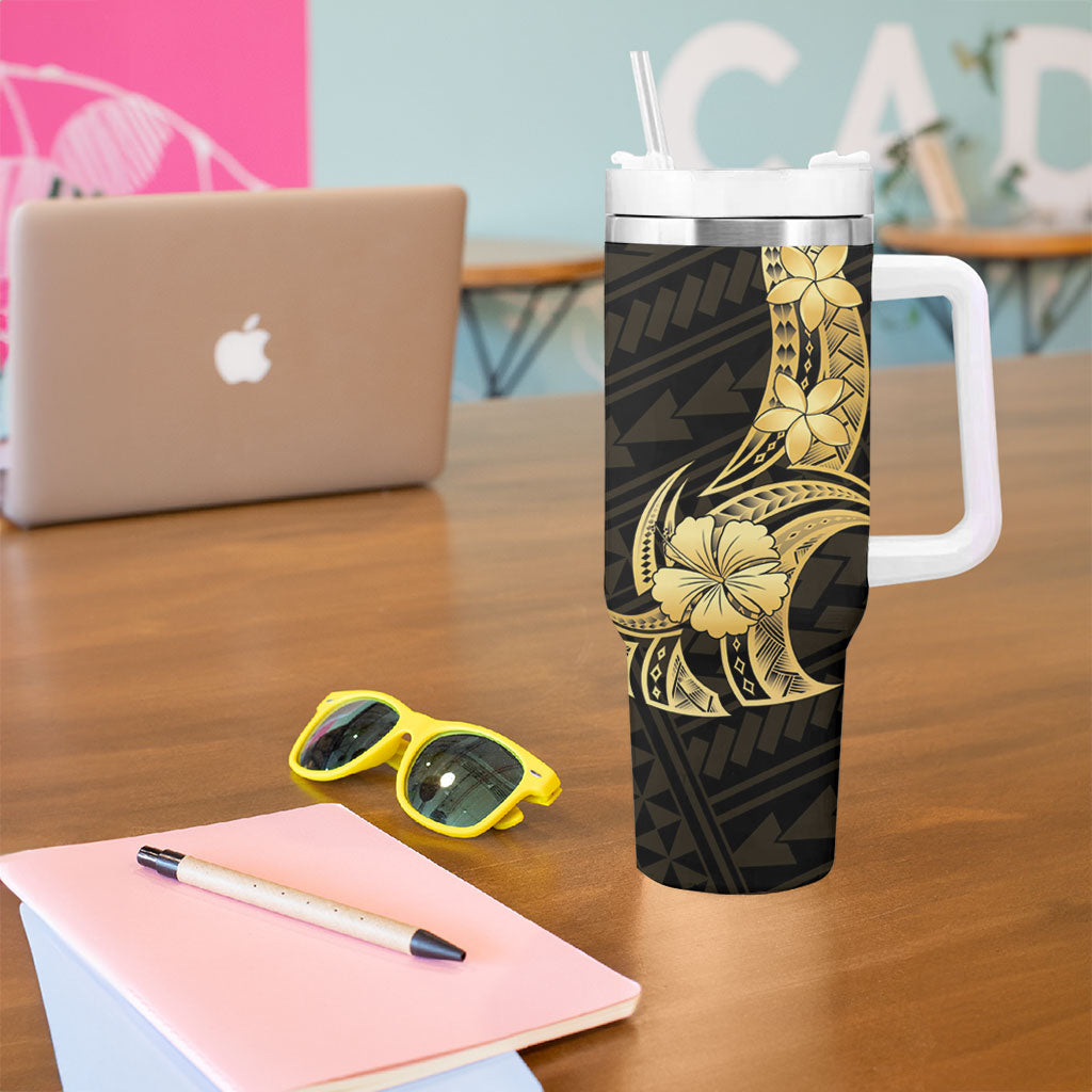 Gold Black Polynesia Hibiscus Plumeria Tattoo Tumbler With Handle
