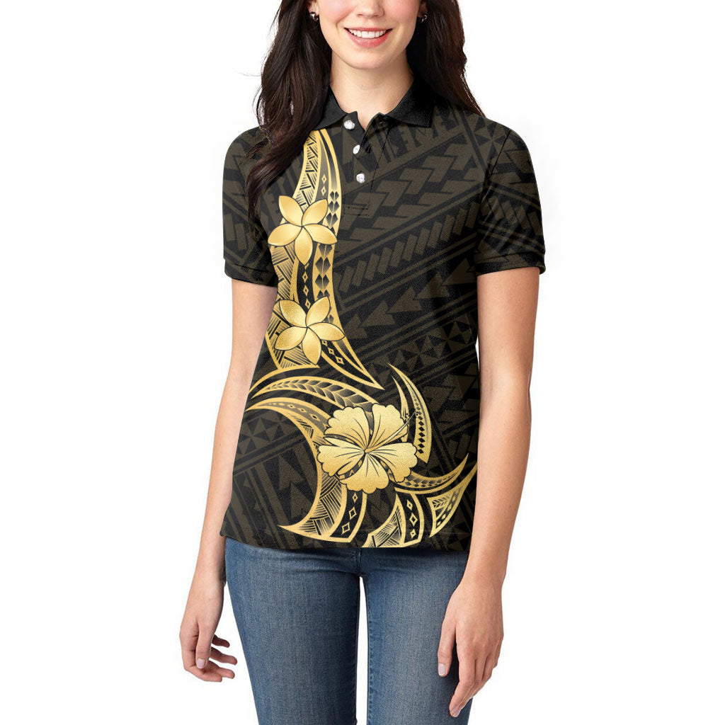Gold Black Polynesia Hibiscus Plumeria Tattoo Women Polo Shirt