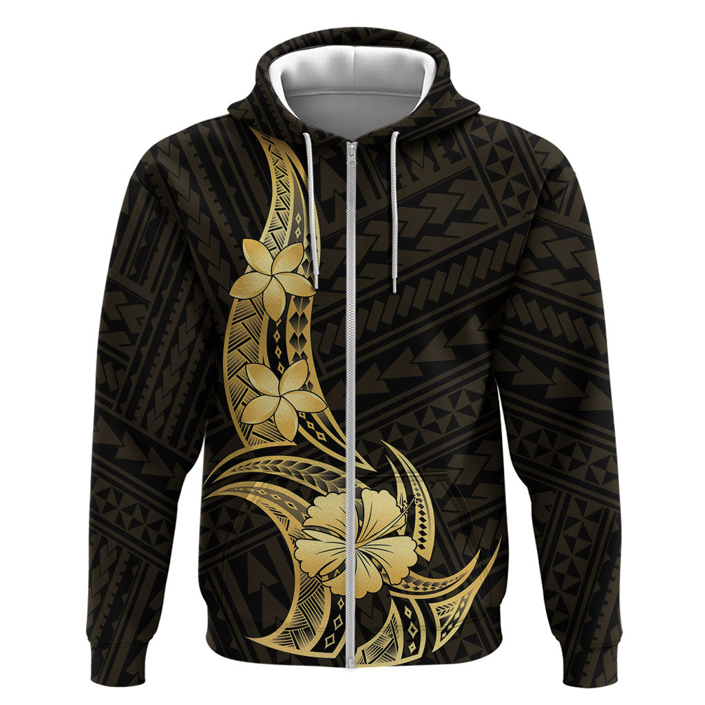 Gold Black Polynesia Hibiscus Plumeria Tattoo Zip Hoodie