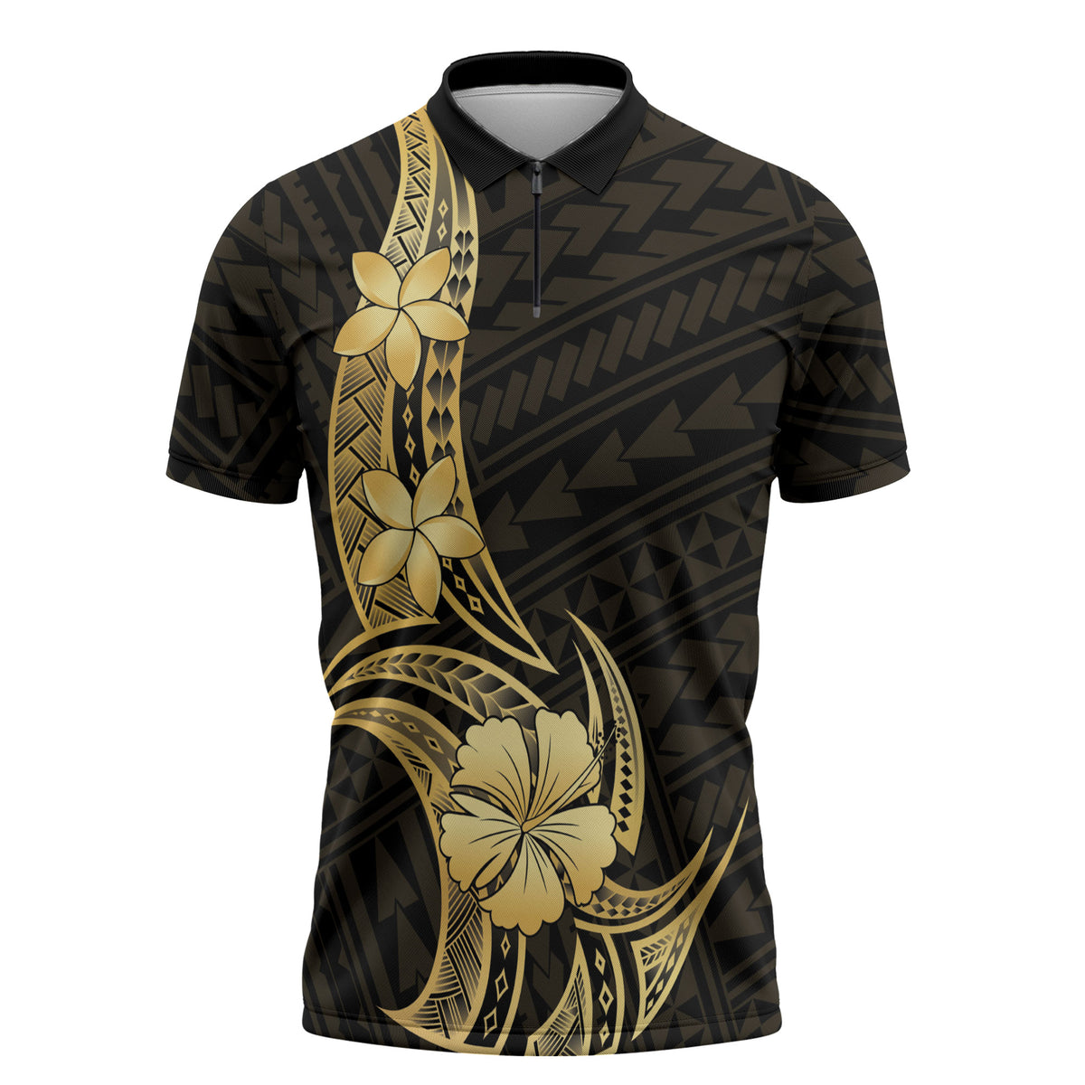 Gold Black Polynesia Hibiscus Plumeria Tattoo Zipper Polo Shirt