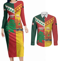 Custom Rugby Papua New Guinea and Lebanon Couples Matching Long Sleeve Bodycon Dress and Long Sleeve Button Shirt PNG Kumuls Cedars Together