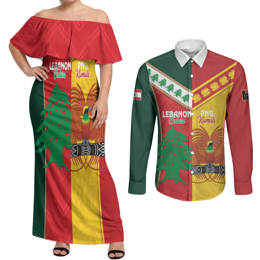 Custom Rugby Papua New Guinea and Lebanon Couples Matching Off Shoulder Maxi Dress and Long Sleeve Button Shirt PNG Kumuls Cedars Together