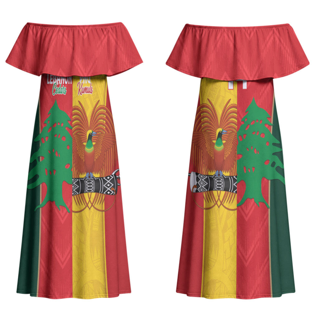 Custom Rugby Papua New Guinea and Lebanon Couples Matching Off Shoulder Maxi Dress and Long Sleeve Button Shirt PNG Kumuls Cedars Together