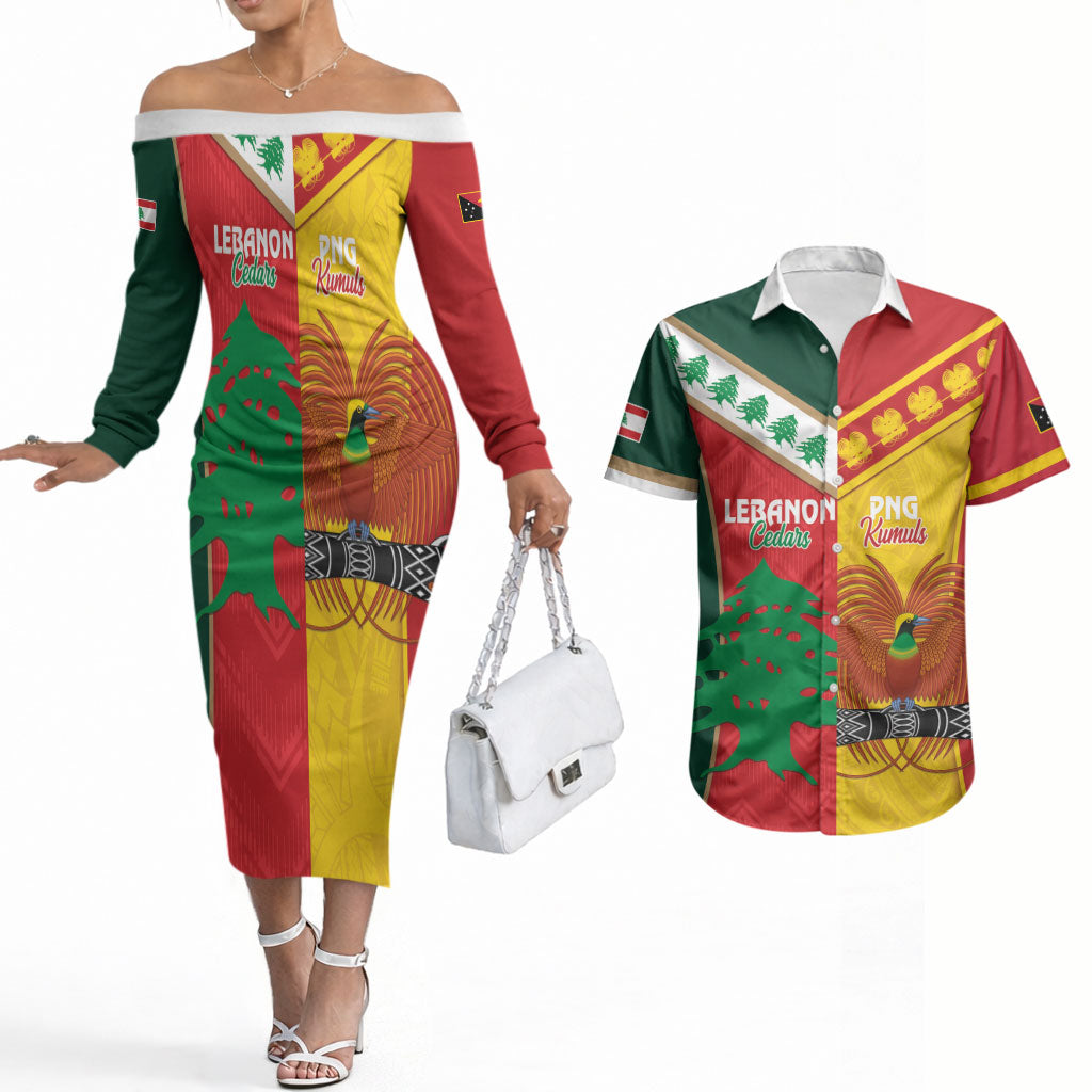 Custom Rugby Papua New Guinea and Lebanon Couples Matching Off The Shoulder Long Sleeve Dress and Hawaiian Shirt PNG Kumuls Cedars Together LT14 Multicolor - Polynesian Pride