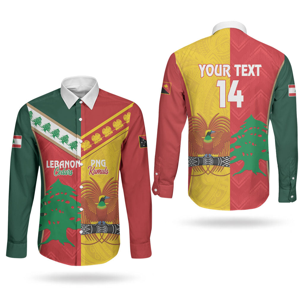Custom Rugby Papua New Guinea and Lebanon Couples Matching Off The Shoulder Long Sleeve Dress and Long Sleeve Button Shirt PNG Kumuls Cedars Together