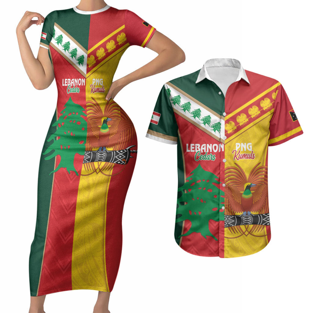 Custom Rugby Papua New Guinea and Lebanon Couples Matching Short Sleeve Bodycon Dress and Hawaiian Shirt PNG Kumuls Cedars Together