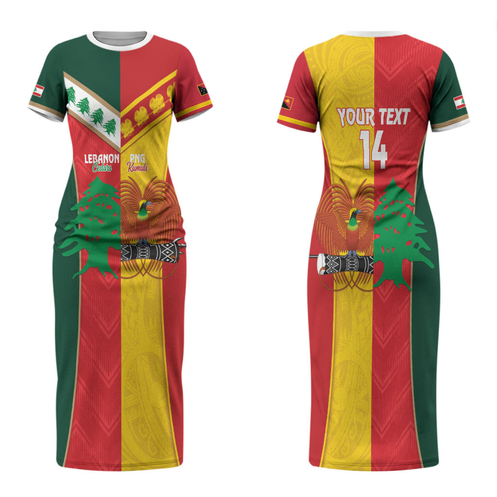 Custom Rugby Papua New Guinea and Lebanon Couples Matching Short Sleeve Bodycon Dress and Hawaiian Shirt PNG Kumuls Cedars Together