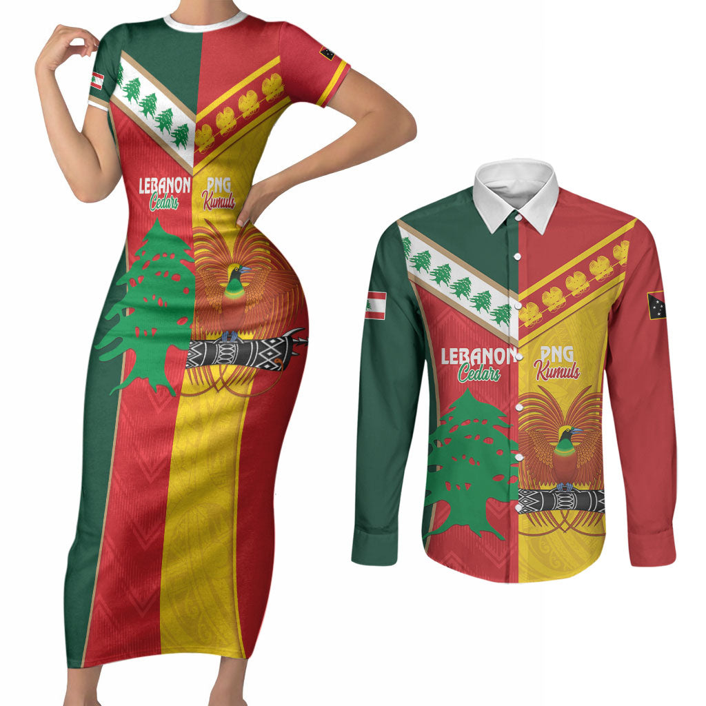 Custom Rugby Papua New Guinea and Lebanon Couples Matching Short Sleeve Bodycon Dress and Long Sleeve Button Shirt PNG Kumuls Cedars Together