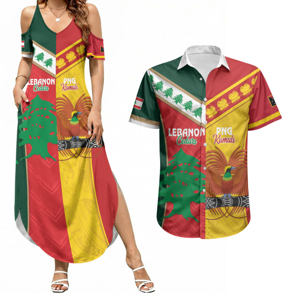 Custom Rugby Papua New Guinea and Lebanon Couples Matching Summer Maxi Dress and Hawaiian Shirt PNG Kumuls Cedars Together