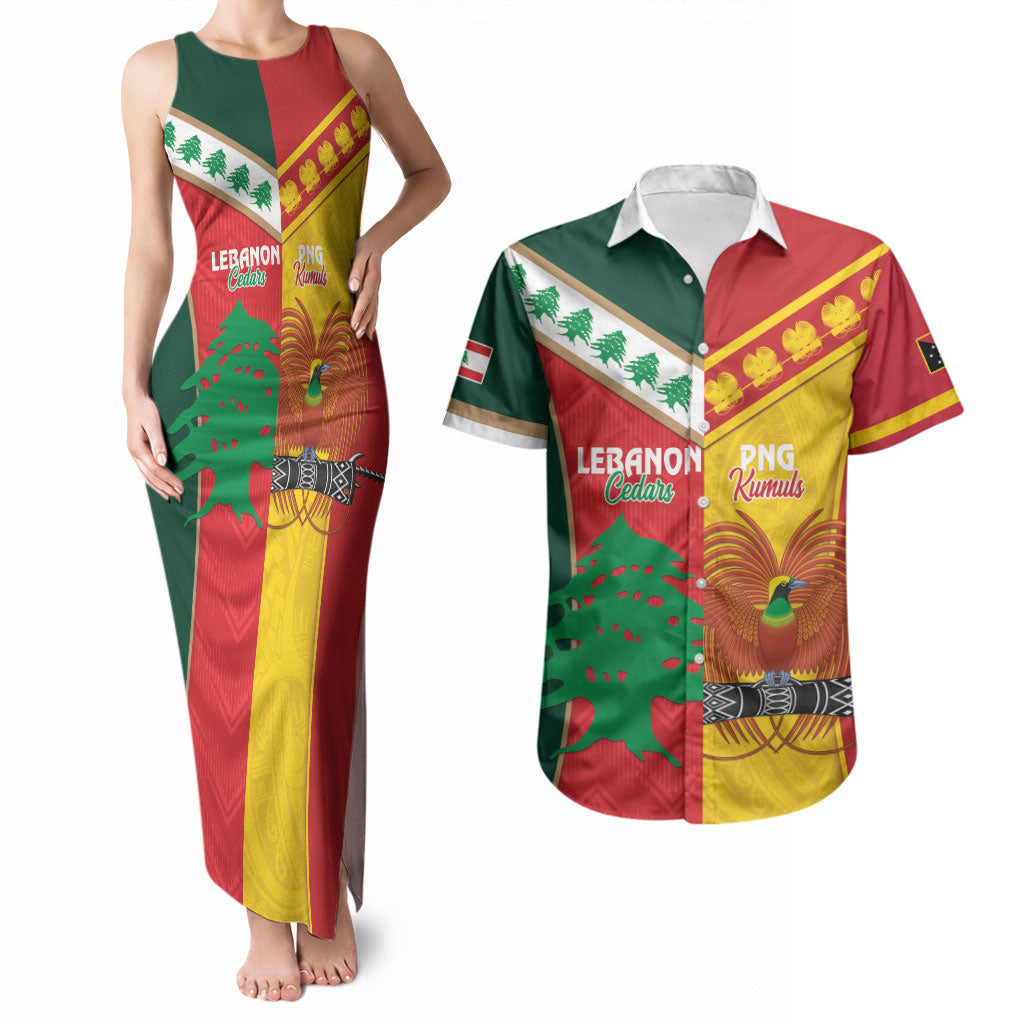 Custom Rugby Papua New Guinea and Lebanon Couples Matching Tank Maxi Dress and Hawaiian Shirt PNG Kumuls Cedars Together