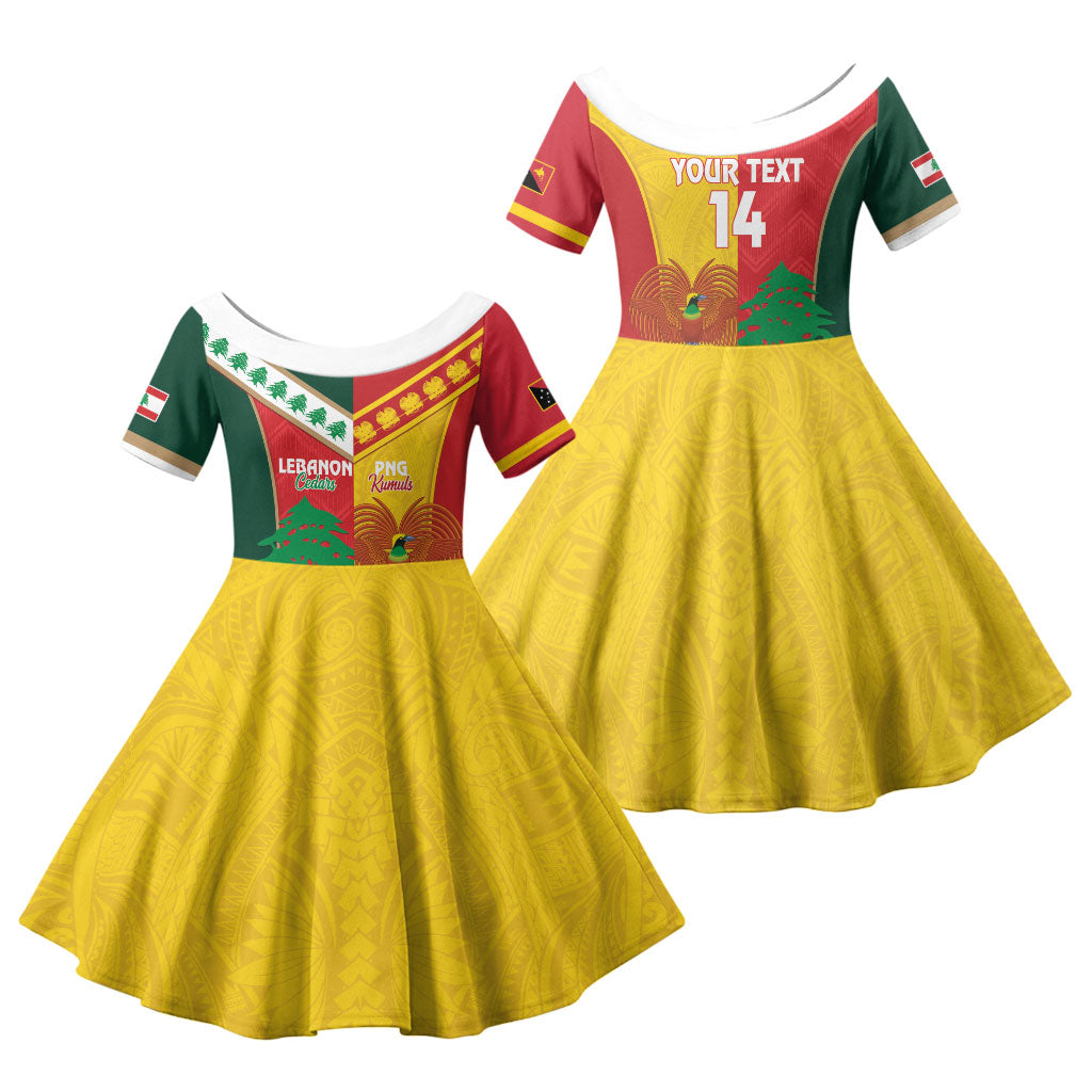 Custom Rugby Papua New Guinea and Lebanon Family Matching Long Sleeve Bodycon Dress and Hawaiian Shirt PNG Kumuls Cedars Together