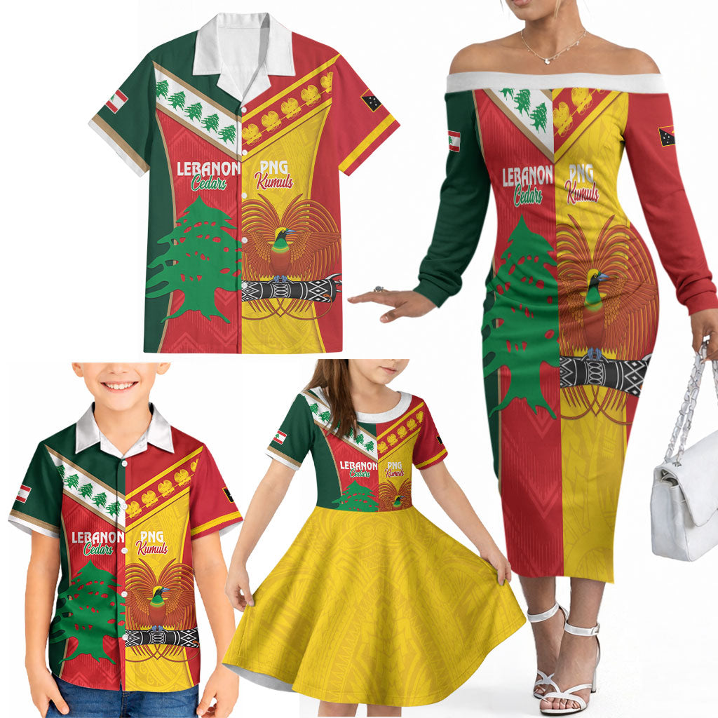 Custom Rugby Papua New Guinea and Lebanon Family Matching Off The Shoulder Long Sleeve Dress and Hawaiian Shirt PNG Kumuls Cedars Together LT14 - Polynesian Pride