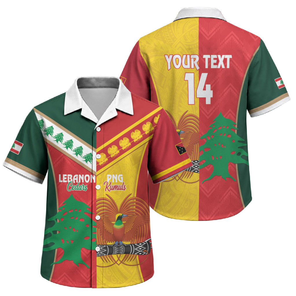Custom Rugby Papua New Guinea and Lebanon Family Matching Short Sleeve Bodycon Dress and Hawaiian Shirt PNG Kumuls Cedars Together