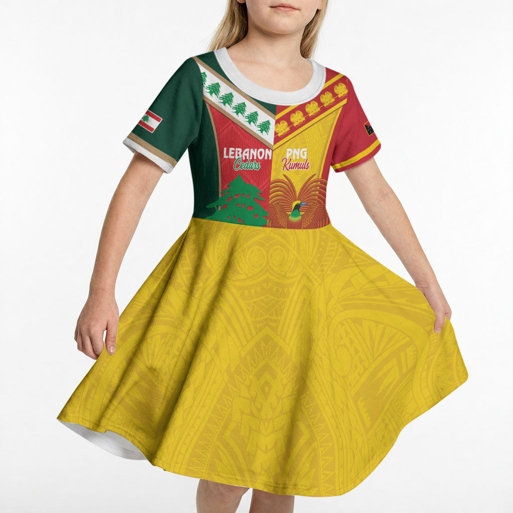 Custom Rugby Papua New Guinea and Lebanon Kid Short Sleeve Dress PNG Kumuls Cedars Together