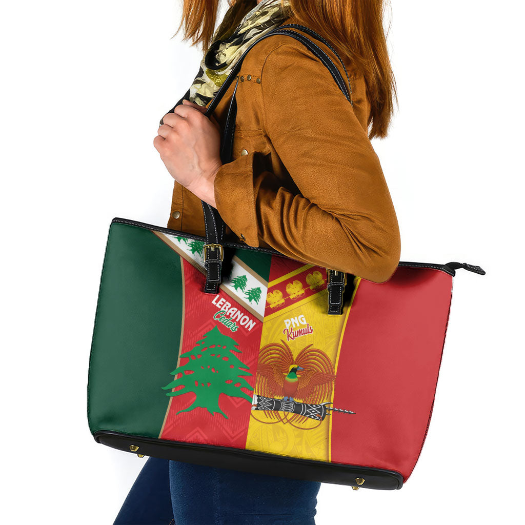 Rugby Papua New Guinea and Lebanon Leather Tote Bag PNG Kumuls Cedars Together