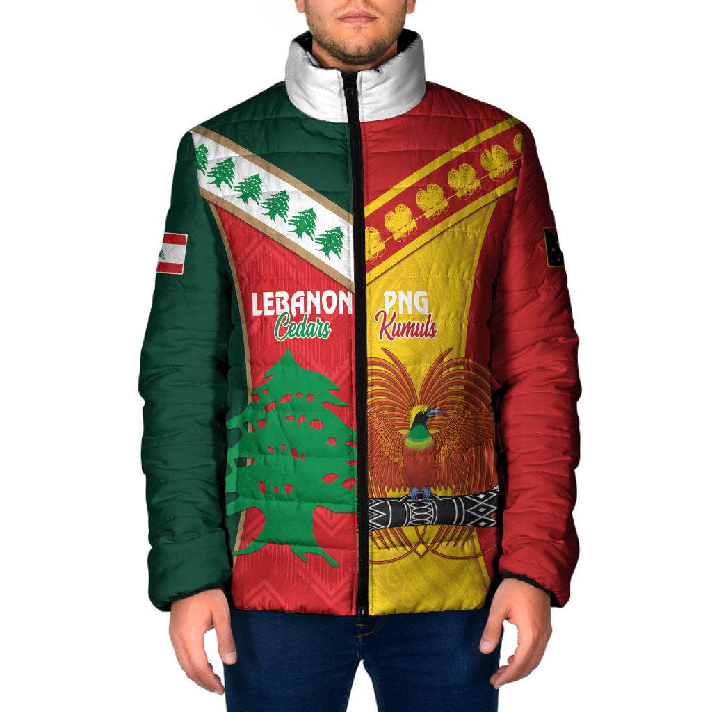 Custom Rugby Papua New Guinea and Lebanon Padded Jacket PNG Kumuls Cedars Together
