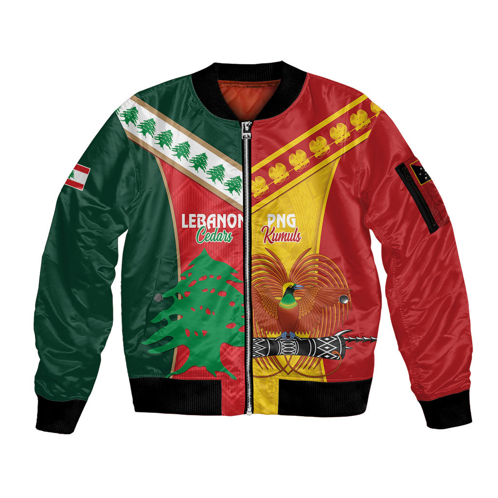 Custom Rugby Papua New Guinea and Lebanon Sleeve Zip Bomber Jacket PNG Kumuls Cedars Together