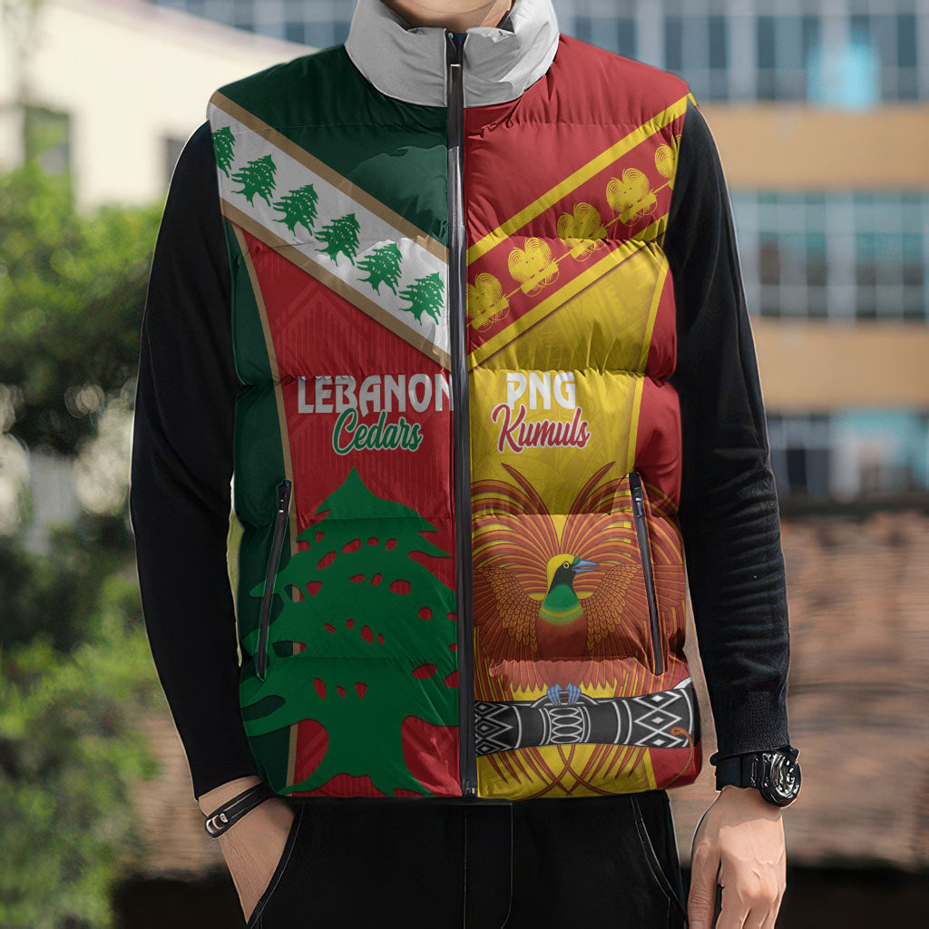Custom Rugby Papua New Guinea and Lebanon Sleeveless Puffer Jacket PNG Kumuls Cedars Together