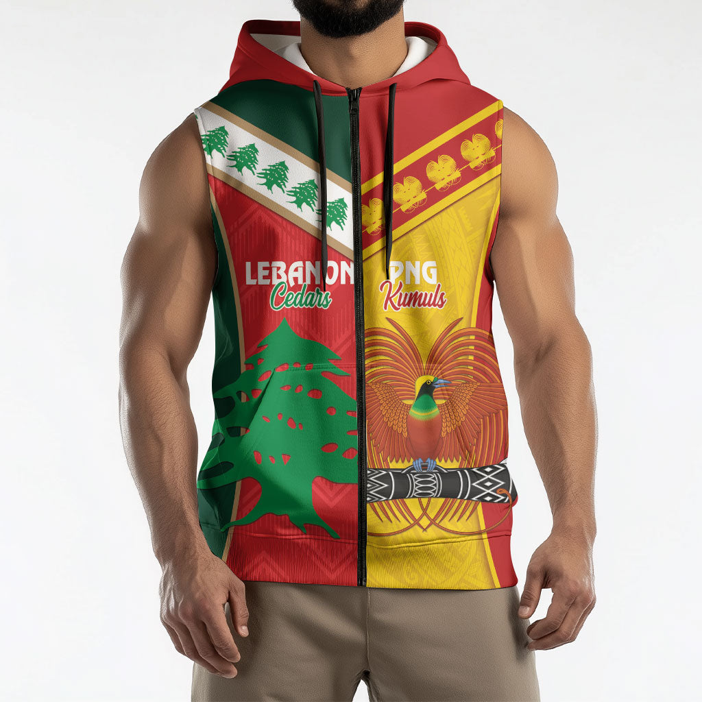 Custom Rugby Papua New Guinea and Lebanon Sleeveless Zip Hoodie PNG Kumuls Cedars Together